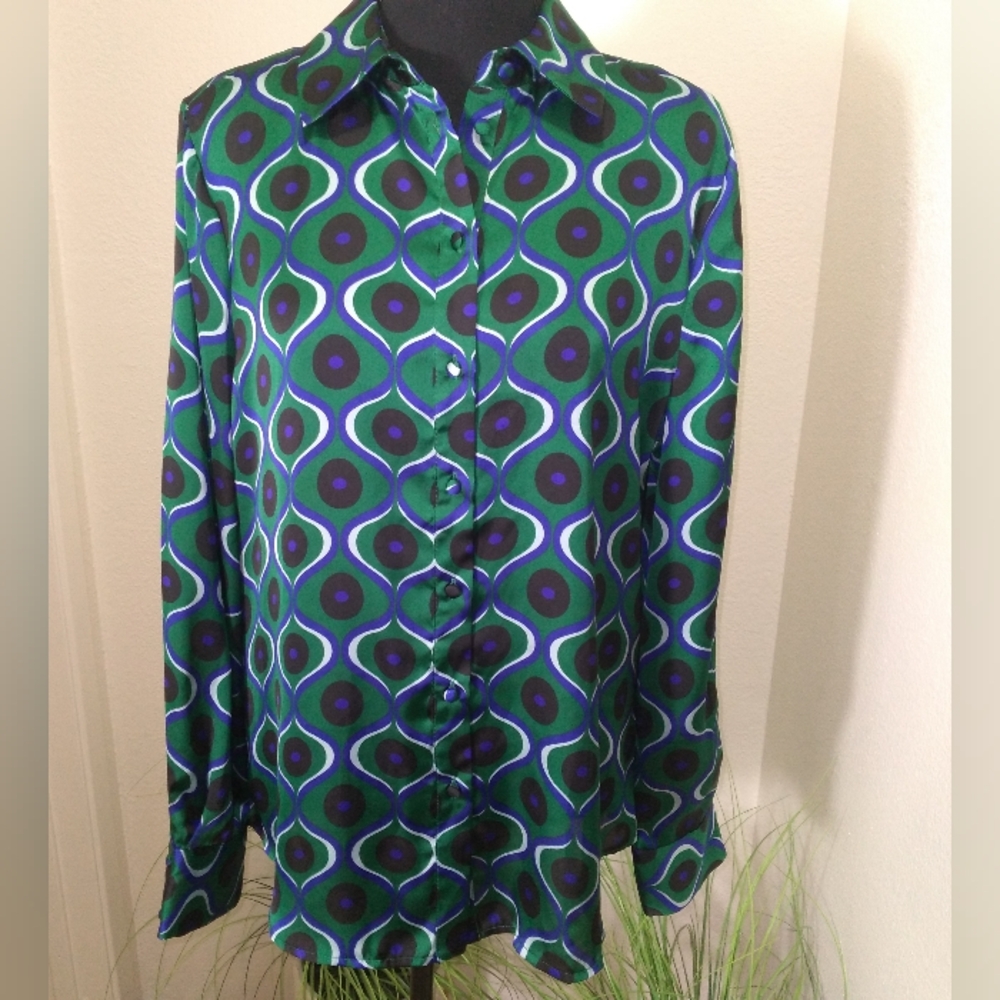 INDUSTRY REPUBLIC CLOTHING Women's Green and Blue Abstrat Long Sleeve Blouse- L